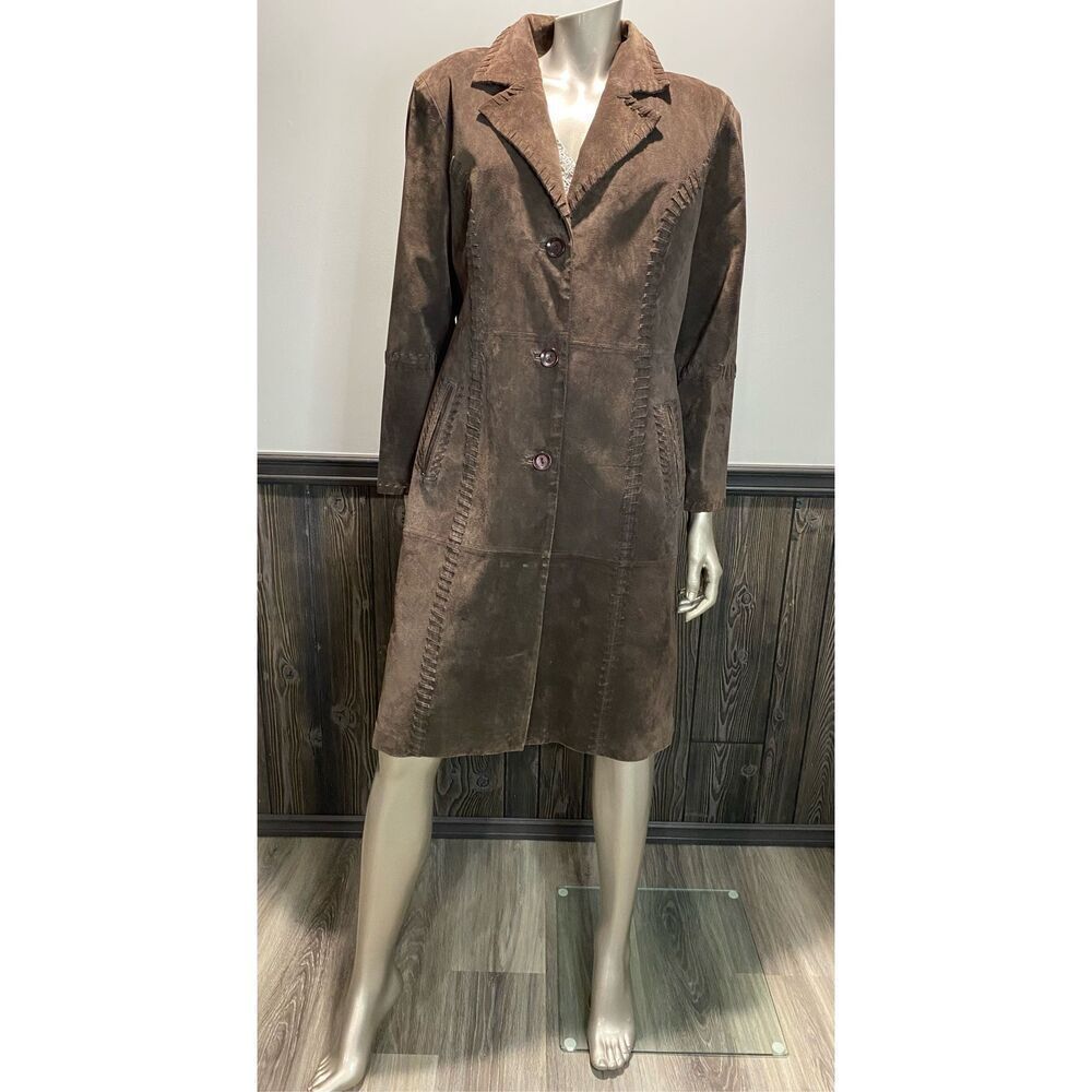 L, Nancy Bolen City Girl Boho suede knee length coat with whip stitch detail.